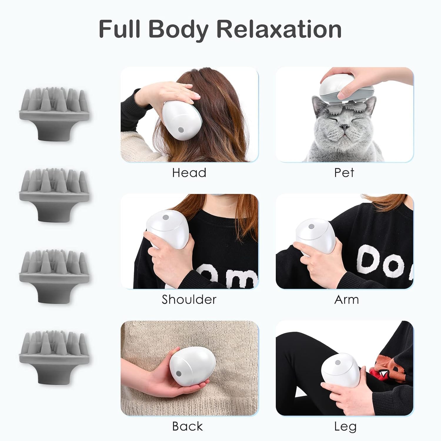 Product being used on various parts of the body including head, pet, shoulder, arm, back, and leg with text 'Full Body Relaxation'.