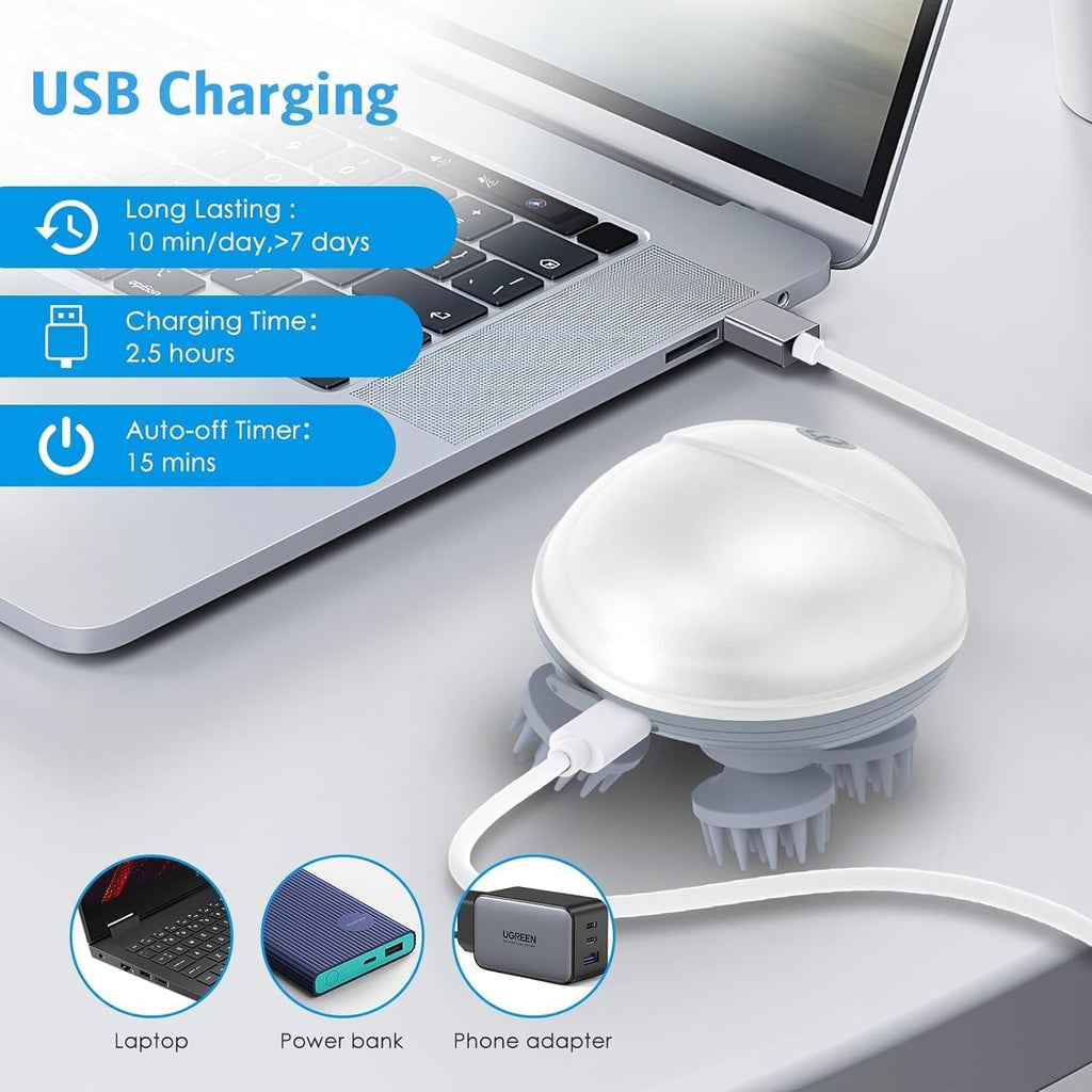 Laptop connected to a white charging pad with USB cable, showing charging features.