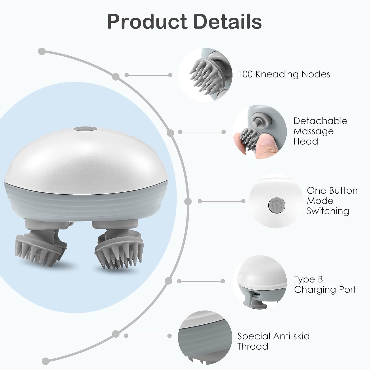 Massage device with features highlighted on a white background