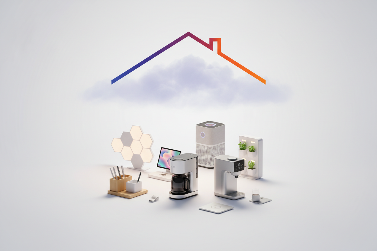 premium hero header image inspired by a modern home concept, a stylized house-roof shape above the scene in brand colors #473BF0 and #FF8600, smoke-like soft glow matching #BCB7F7, clean background, beautifully arranged home gadgets (LED lights, organizers, kitchen gadgets, smart tools), elegant shadows, minimal aesthetic, centered wide composition, crisp 4K, website header friendly, futuristic but warm vibe